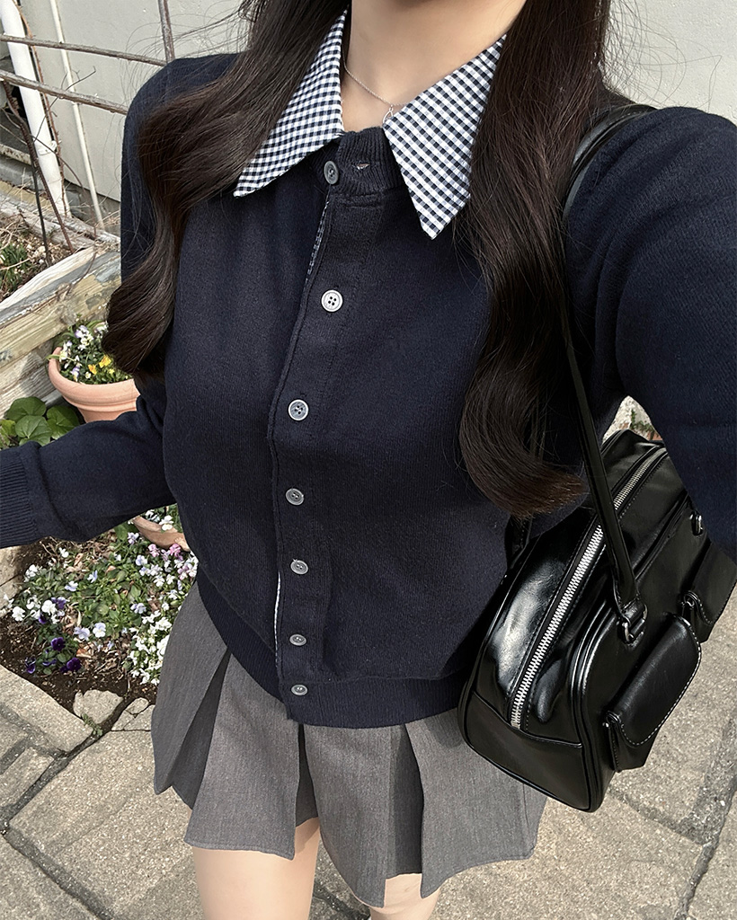 カラーネックチェックレイヤードカーディガン