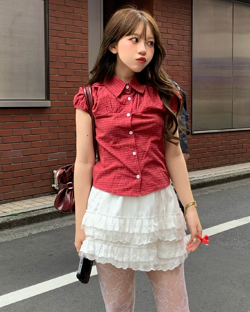 ギンガムチェックパフスリーブシャツ