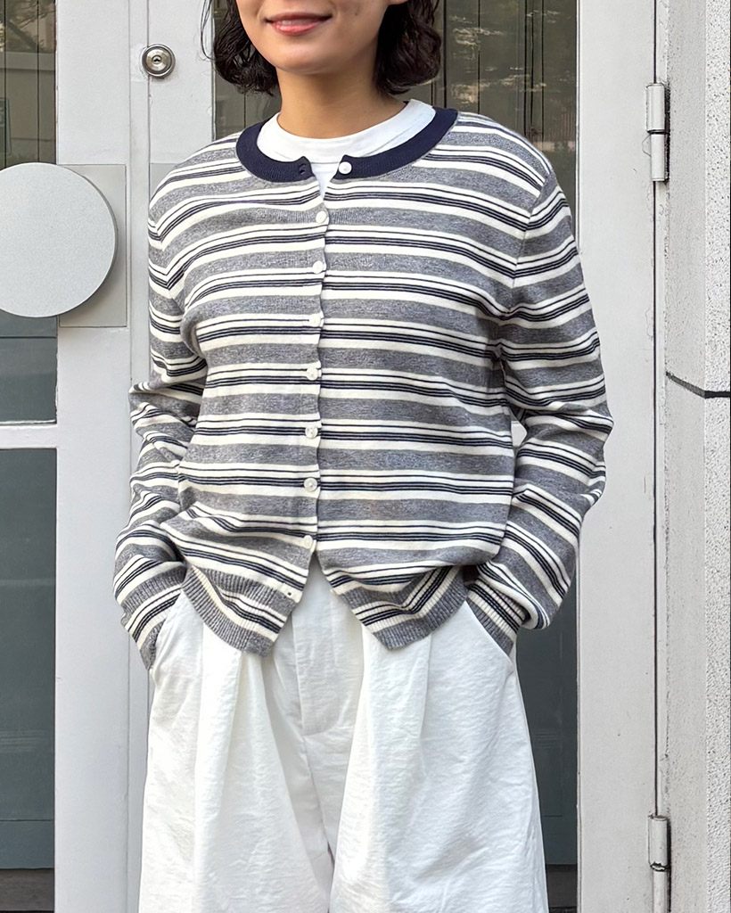 ラウンドネックボーダーカーディガン