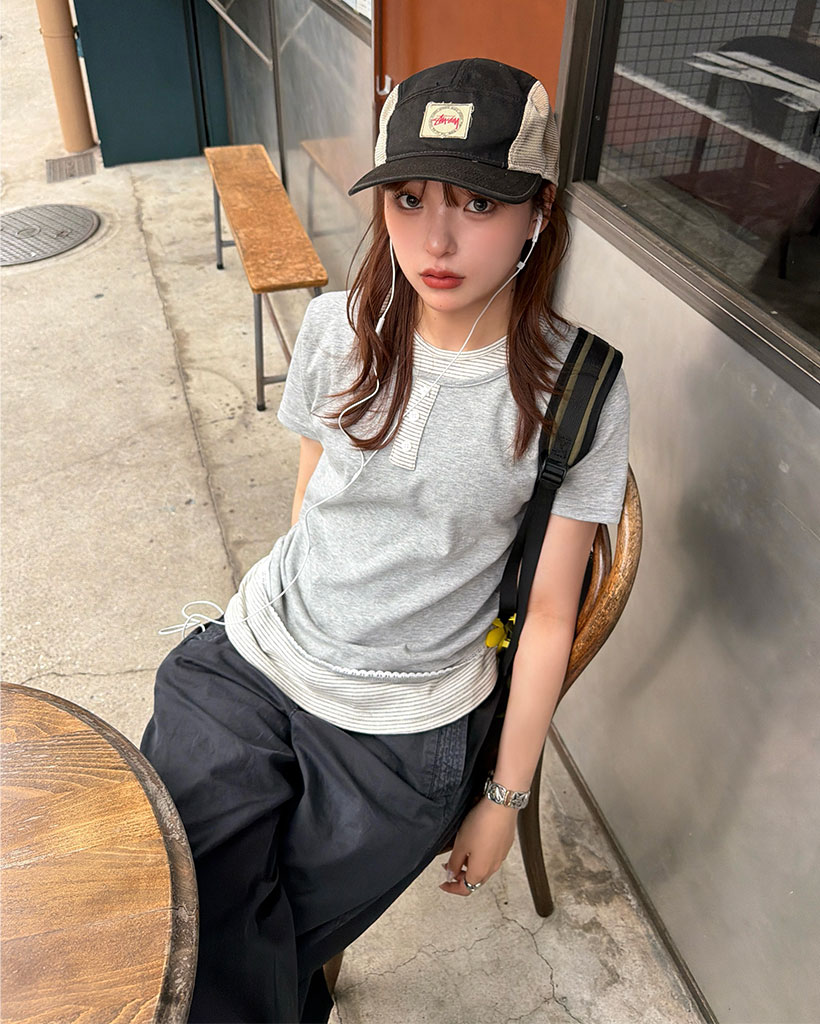 ボーダーレイヤードヘンリーネックハーフTシャツ