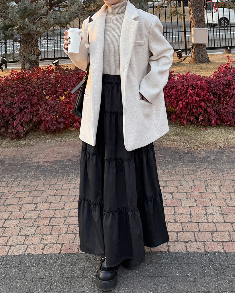 フリルティアードウエストゴムロングスカート