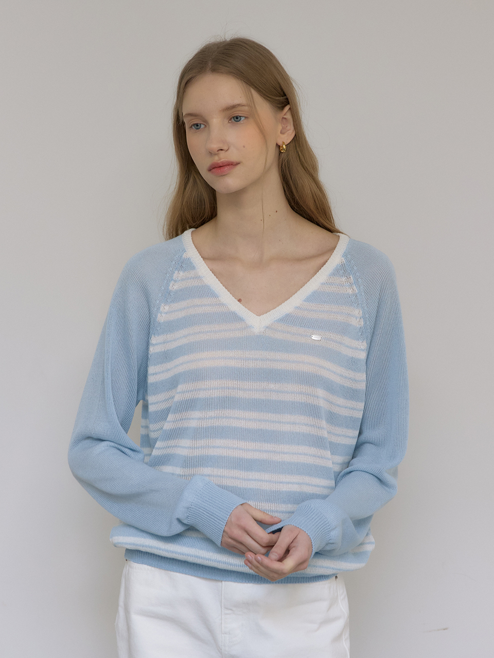 Linen Raglan Stripe V-neck Knit - Sky Blue
