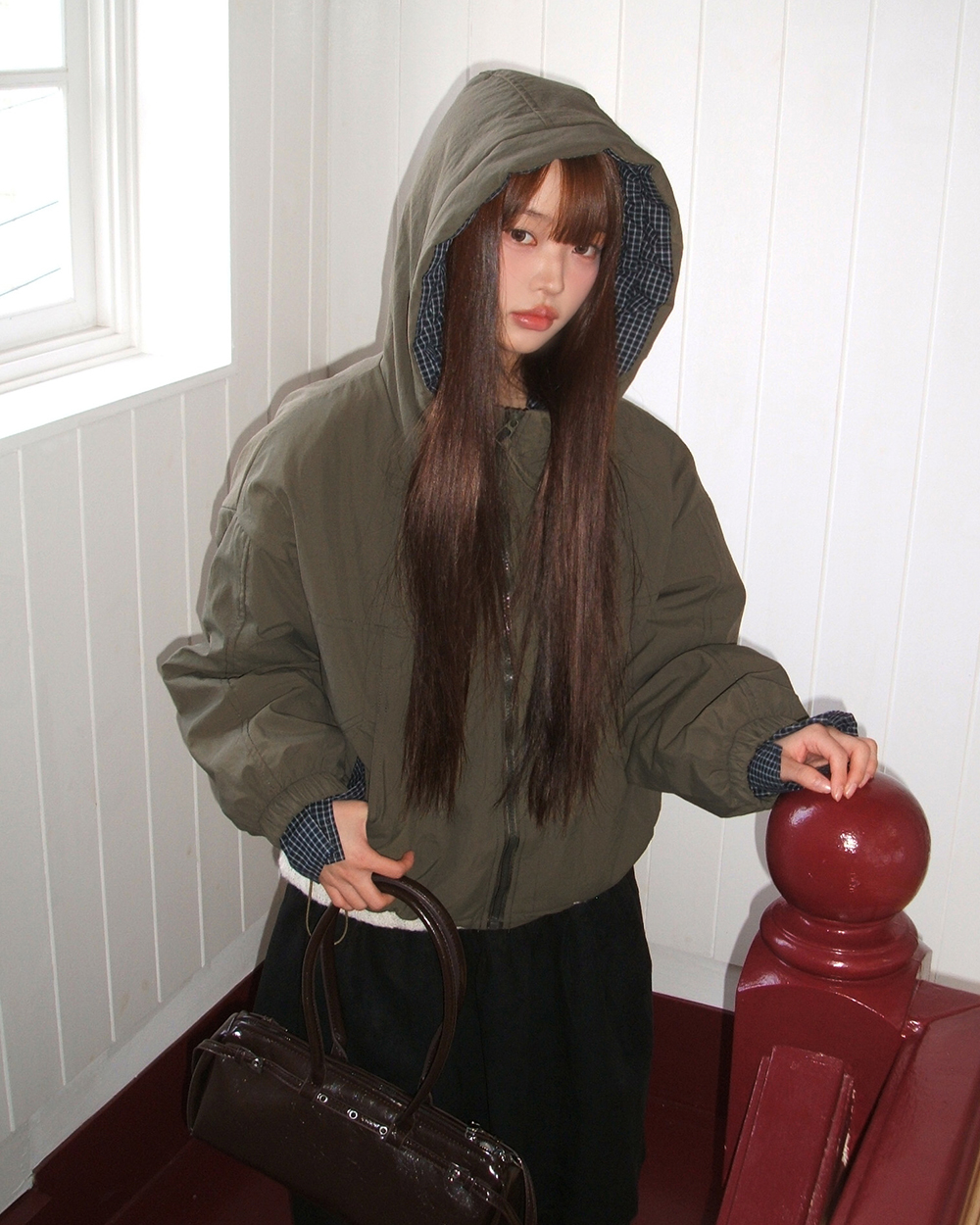 チェック柄 フードダウンジャケット