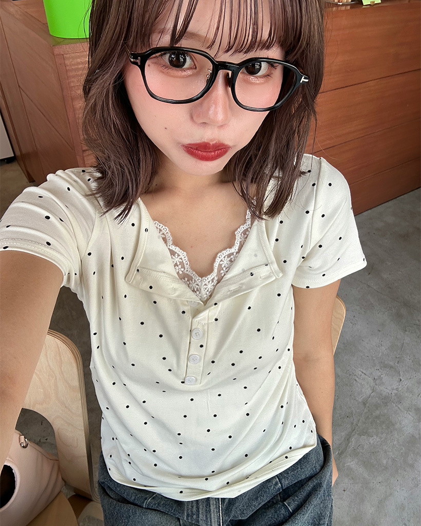 ドットレースディテール半袖Tシャツ