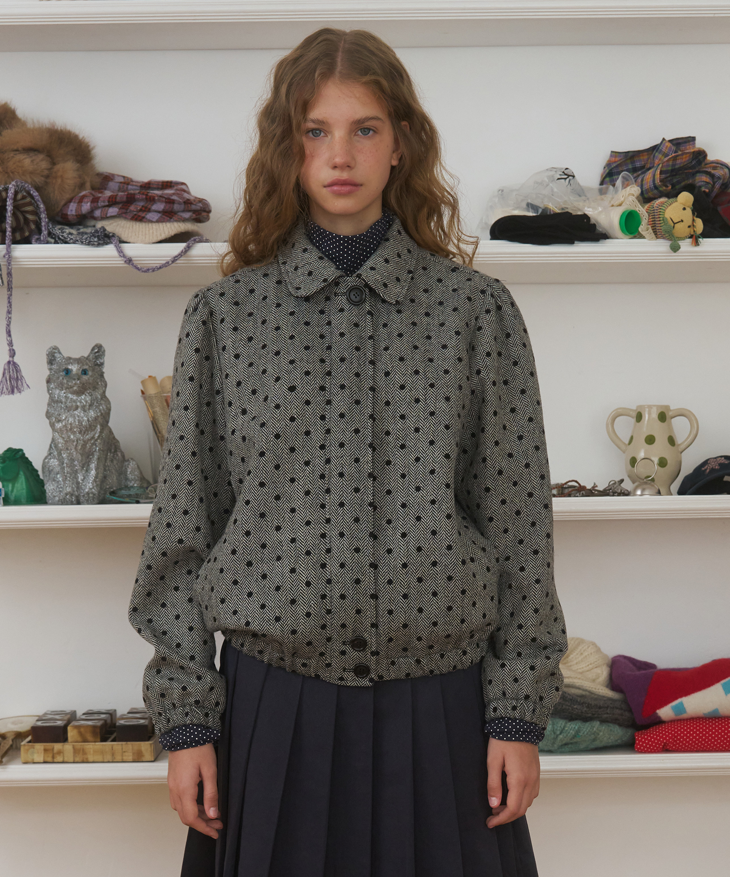 Dotted Herringbone Jacket, BLACK