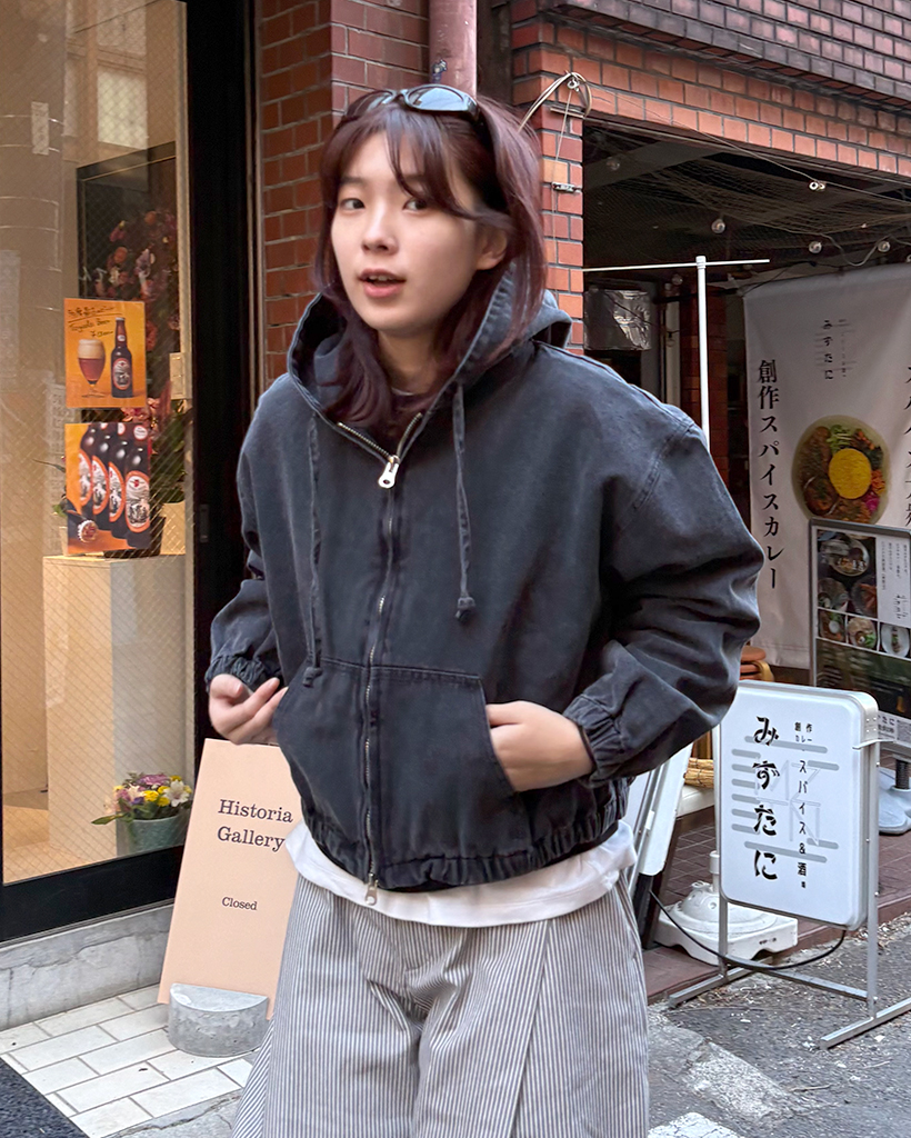 (ユニセックス)クロップドフーディーデニムジャケット