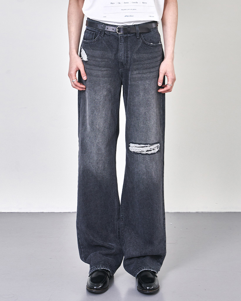 (ORIGINAL) ダメージワイドデニムパンツ