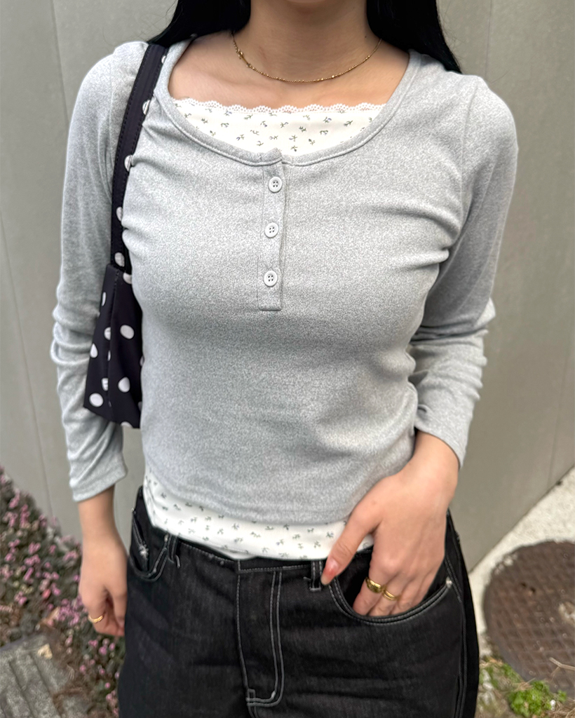 フラワーレイヤードリブTシャツ