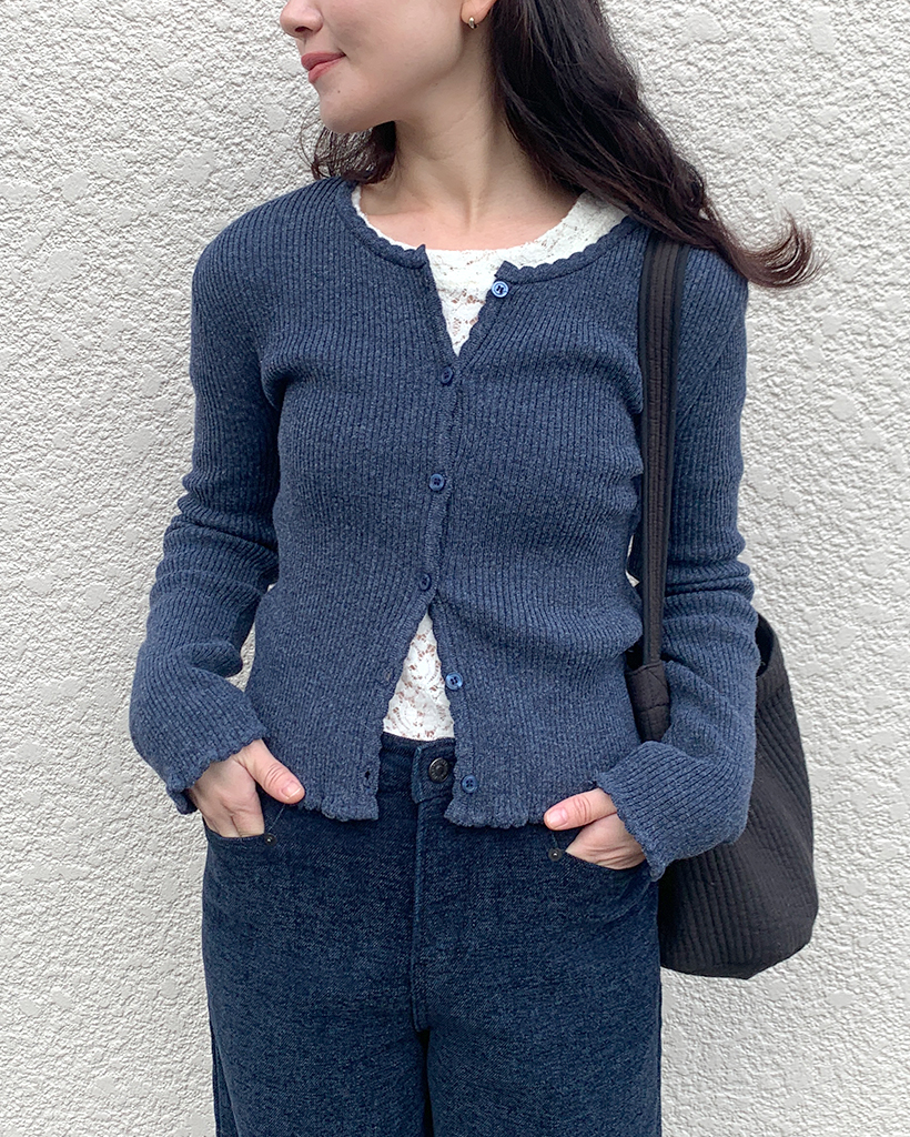 ミニフリルリブニットカーディガン