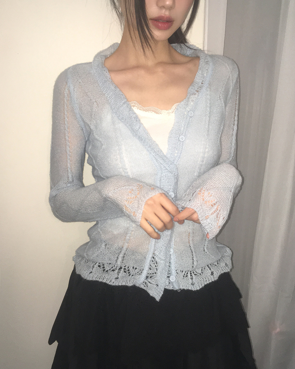 シースルーフリルニットカーディガン | ファッション通販サイト NUGU