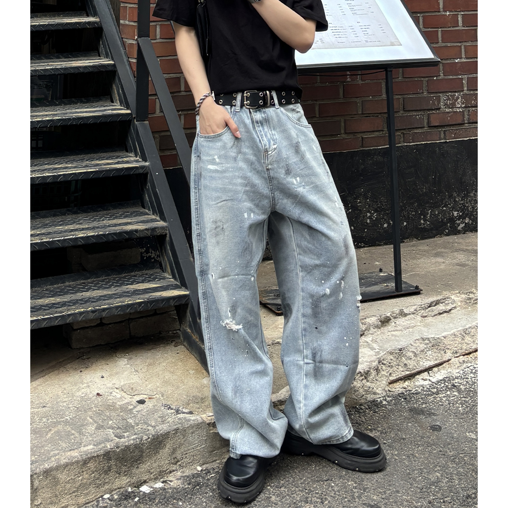 ペイント ダメージ デニム クラッシュ加工 ストリートジーンズ 伸縮性 M