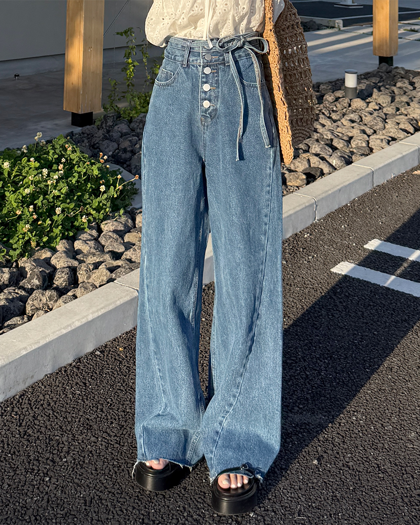 ボタンストリング付きハイウエストデニムパンツ
