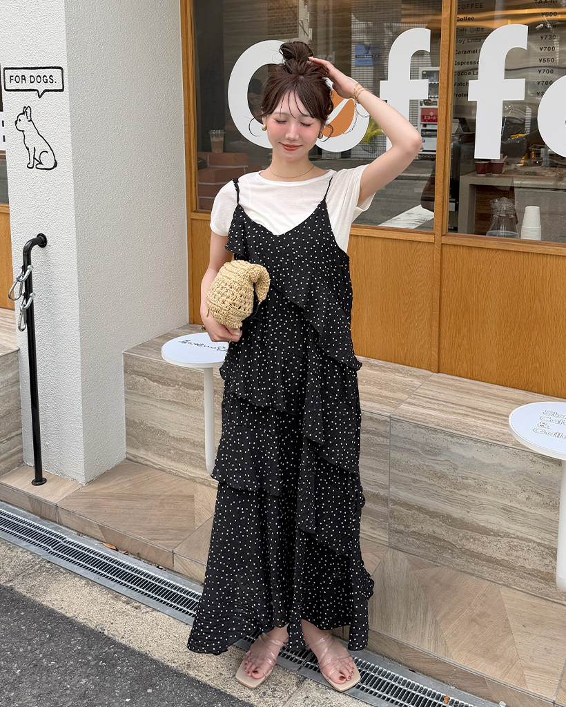 リンクルドットフリルロングワンピース