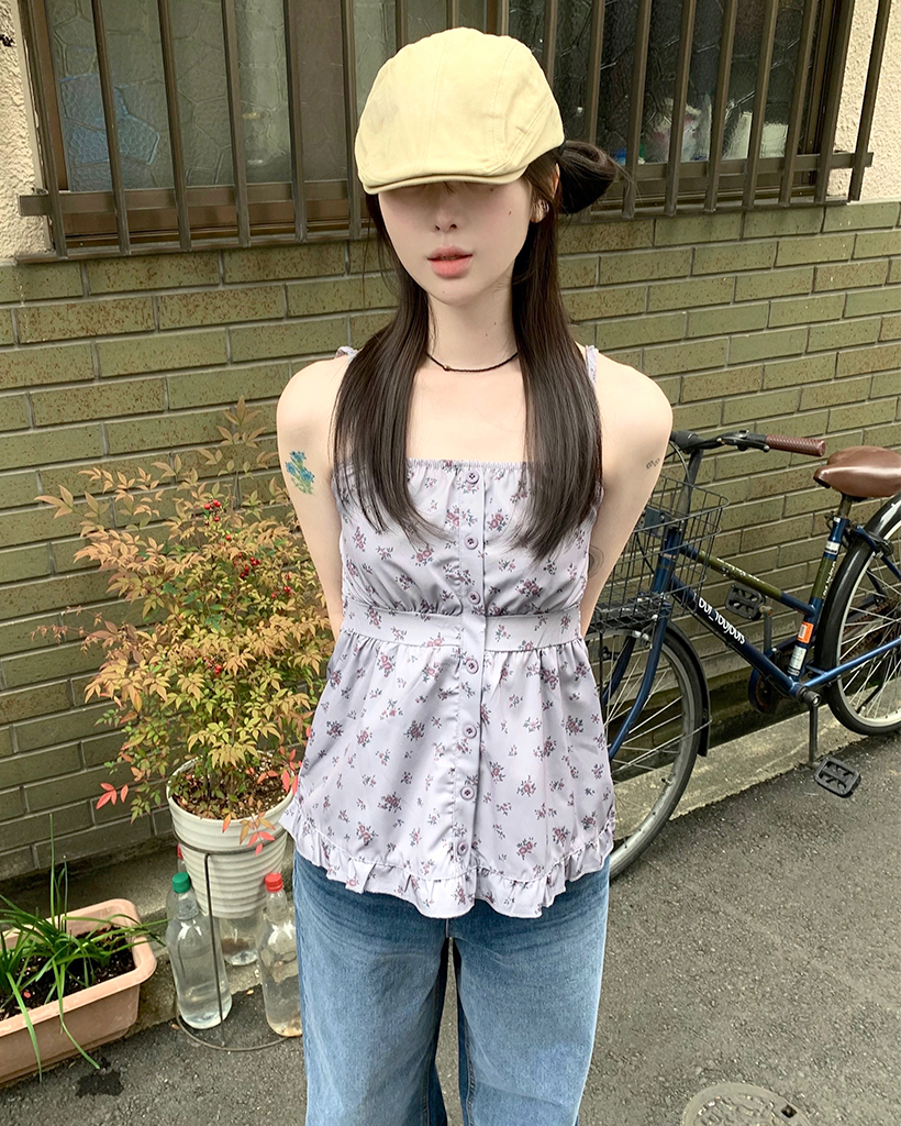 フラワーボタンバックバンディングノースリーブブラウス