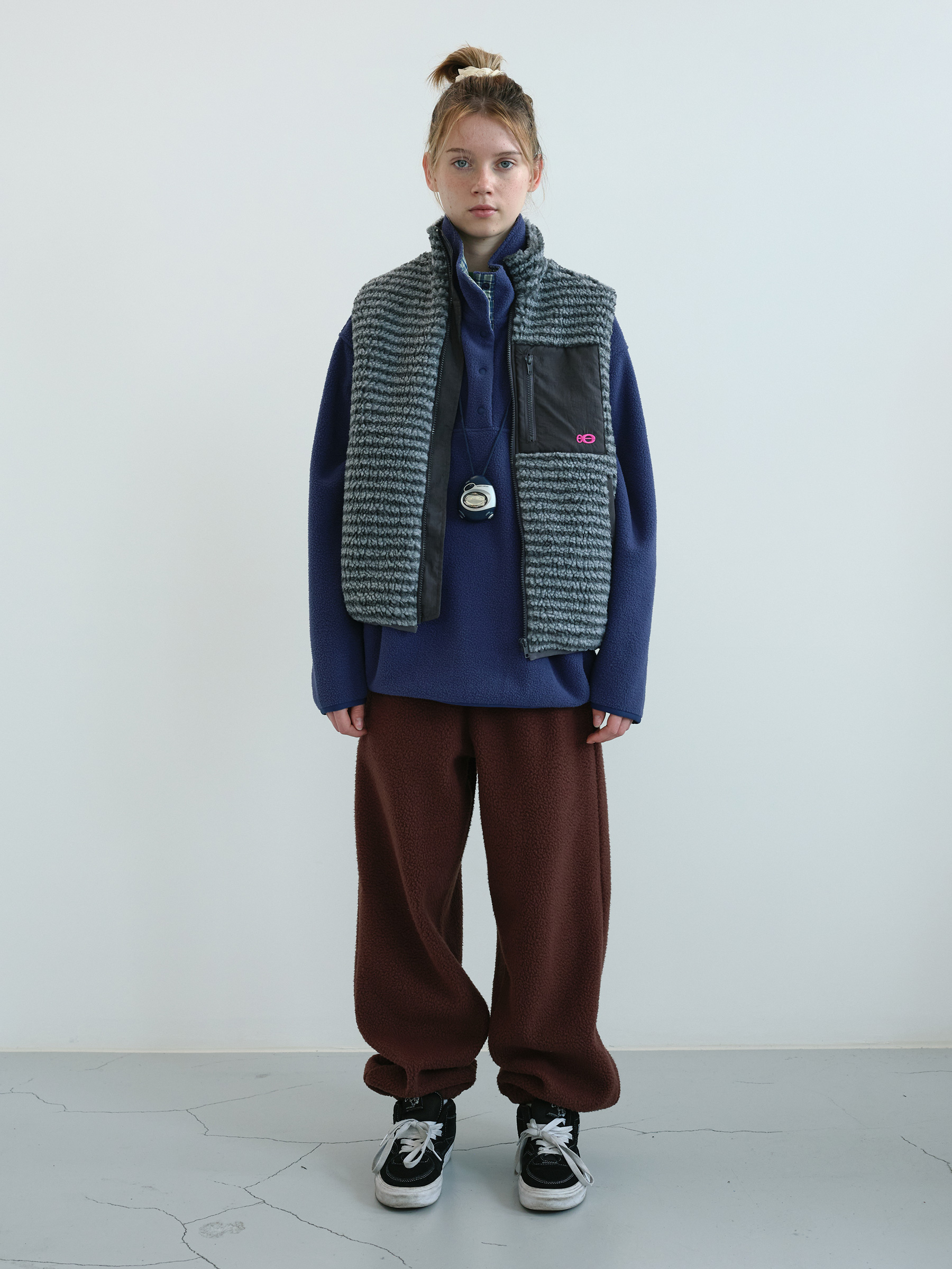 「1月下旬予約配送」Striped Boucle Fleece Vest (Grey)