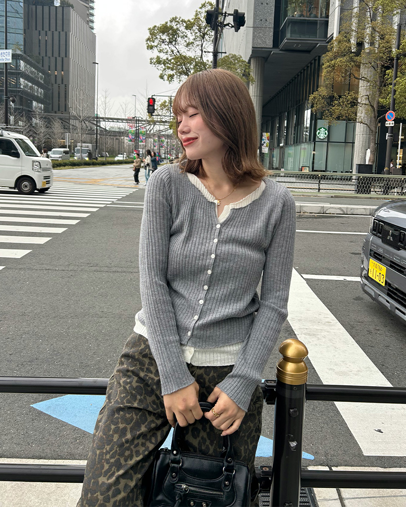 カラーレイヤードリブカーディガン