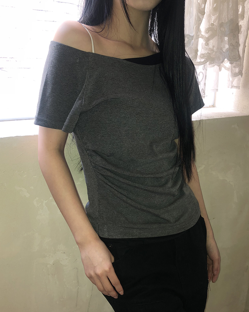 バイカラーシャーリングワンショルダーTシャツ