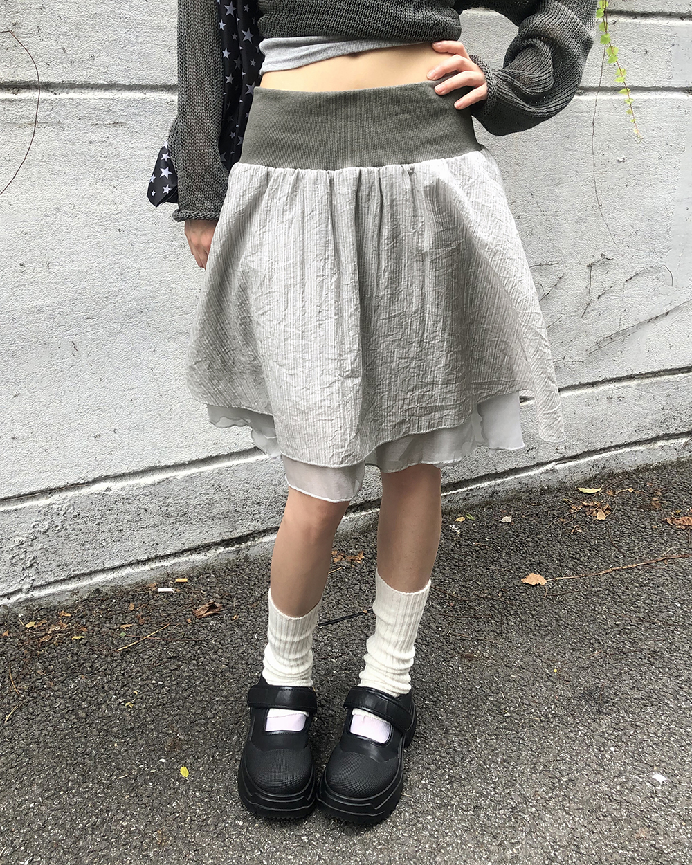 original]ストライプシフォンミドル丈2重フレアスカート