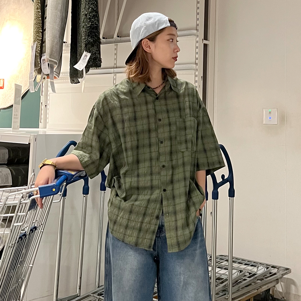 (ユニセックス) チェックハーフスリーブシャツ