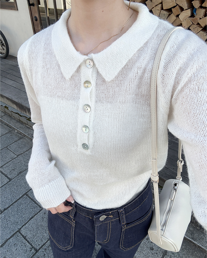 シースルーハーフオープンカラーニット