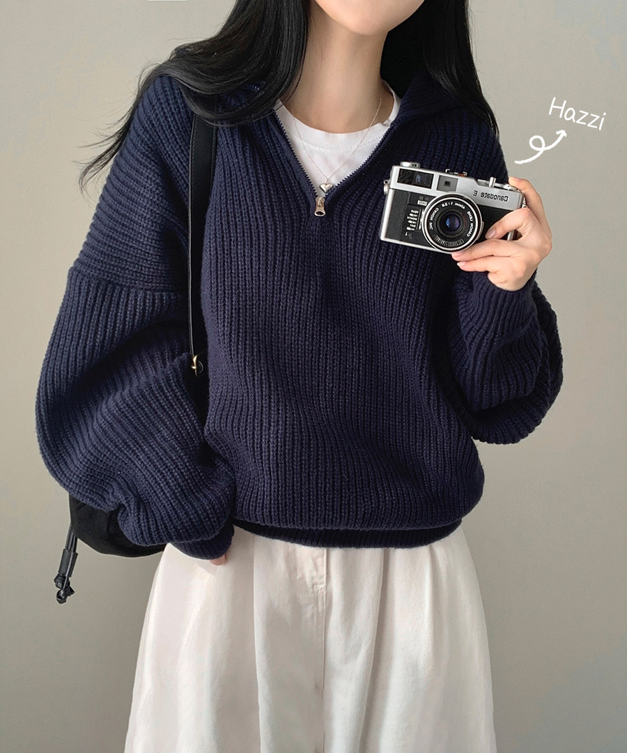 オーバーサイズアクリルレイヤードハイネックハーフジップ長袖ニット