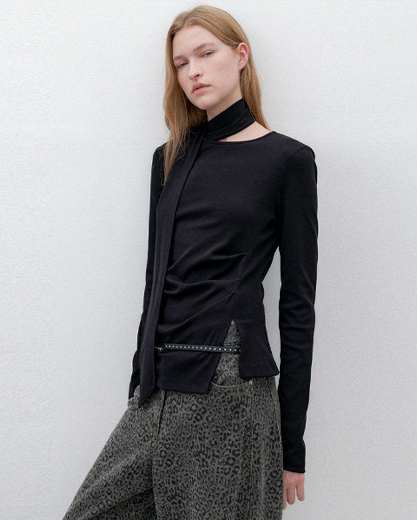 (T-7084)TIE WAIST TUCK LONG SLEEVE S