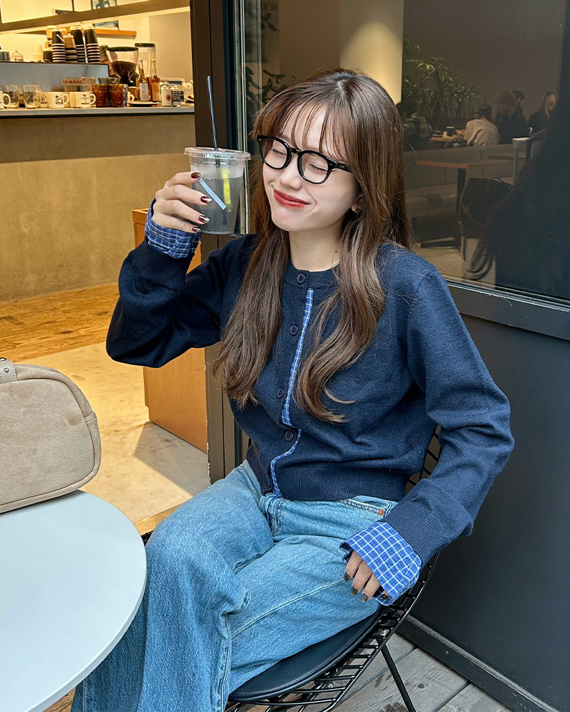 チェックバイカラーニットカーディガン