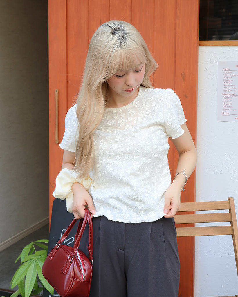 フラワーパターンシースルー半袖Tシャツ