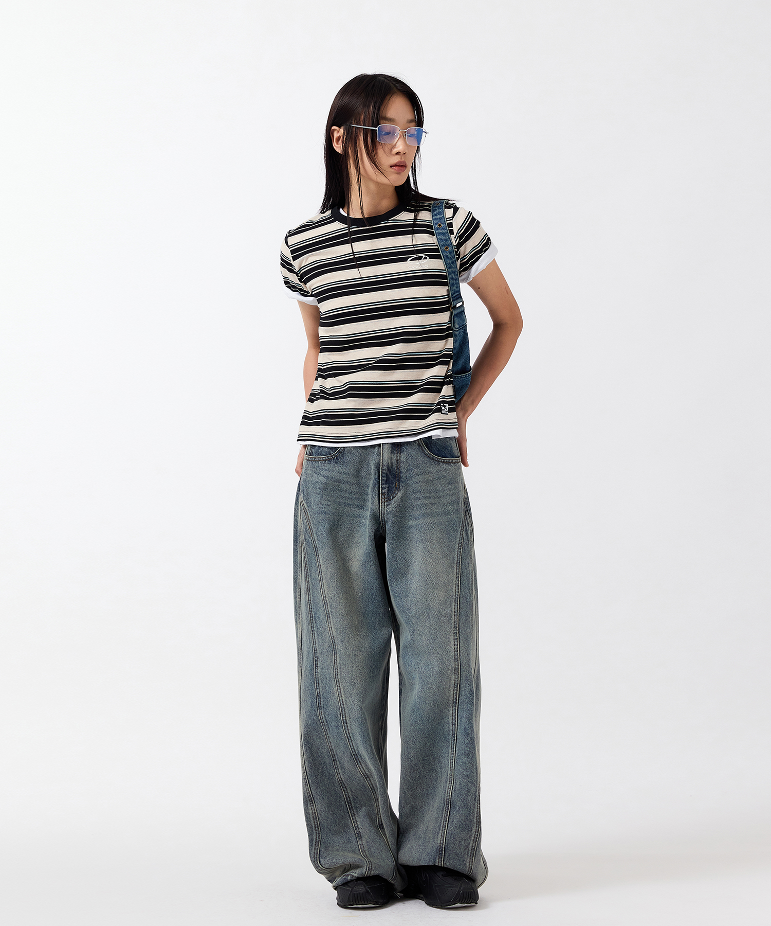 Curve Washed Snap Button Wide Denim Pants - BLUE