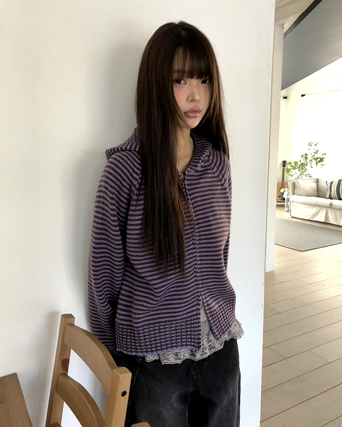 ボーダーニットジップアップパーカー