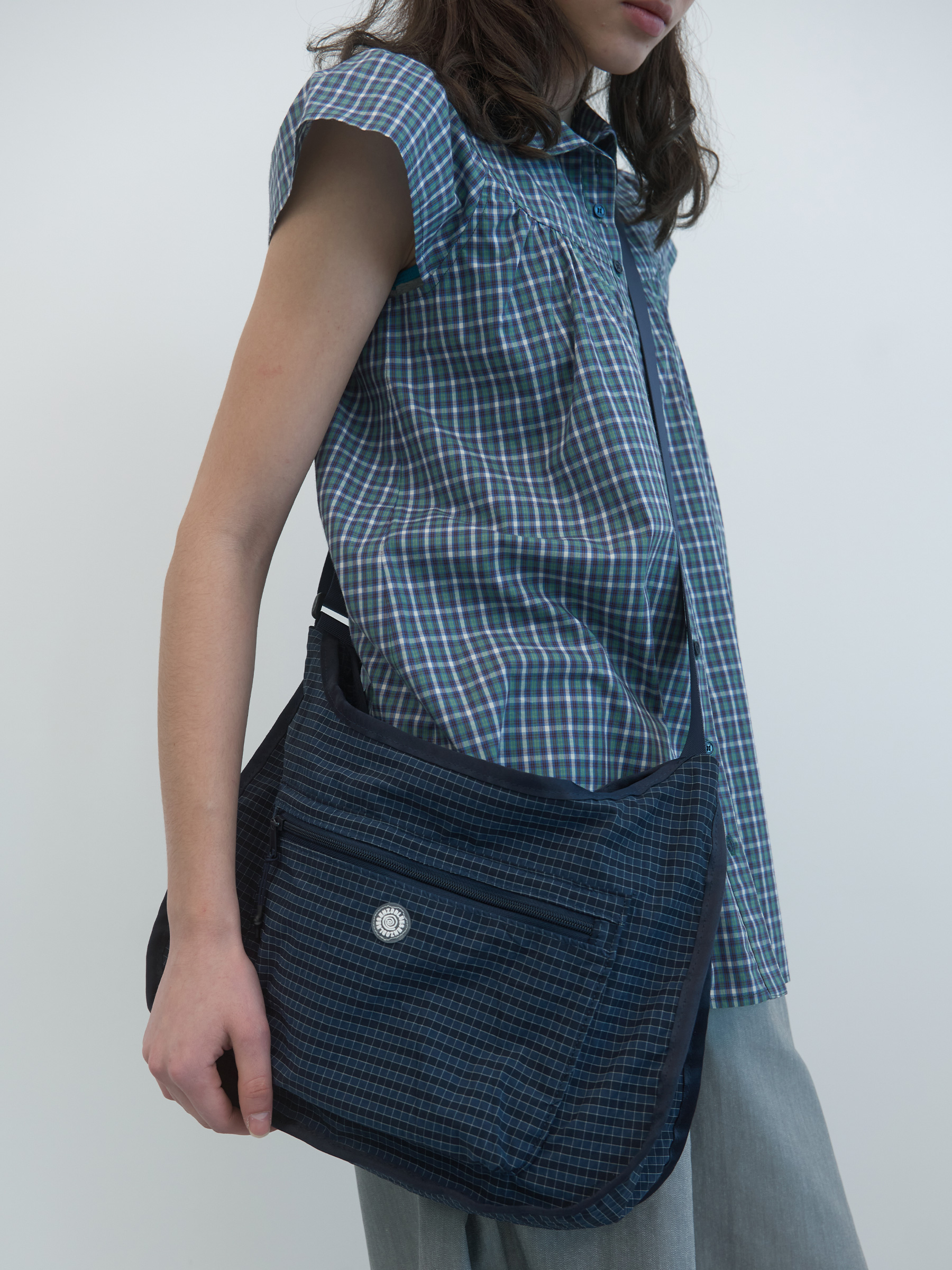 Checked Stamp Patch Crossbody Bag (Navy Check)