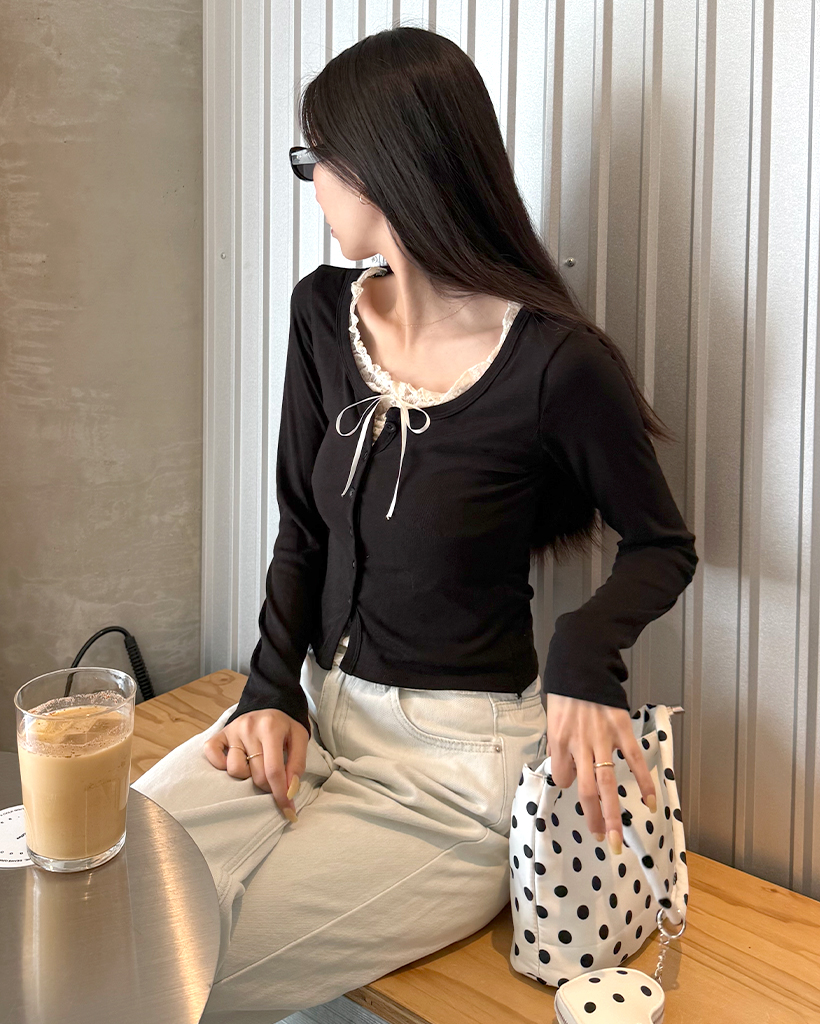 レースリボンレイヤードカーディガン