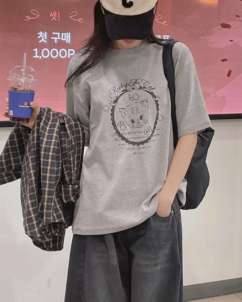 裏起毛 猫 半袖 Tシャツ