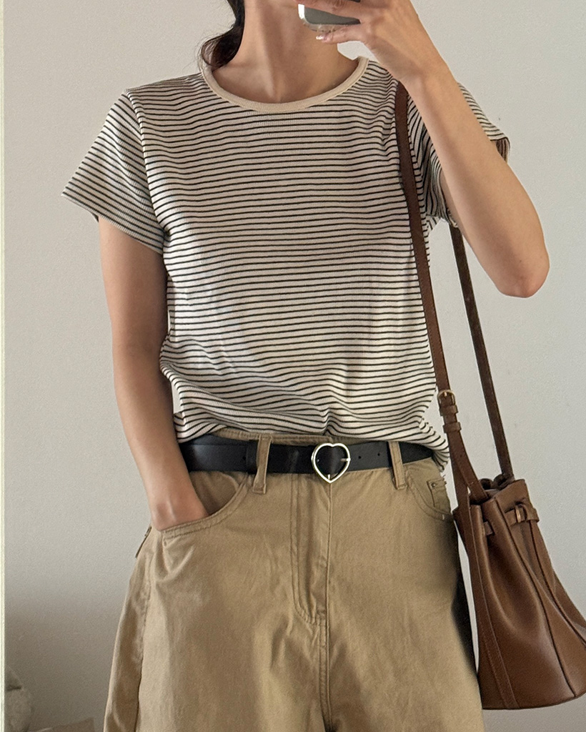 ホワイトリブボーダーハーフスリーブTシャツ