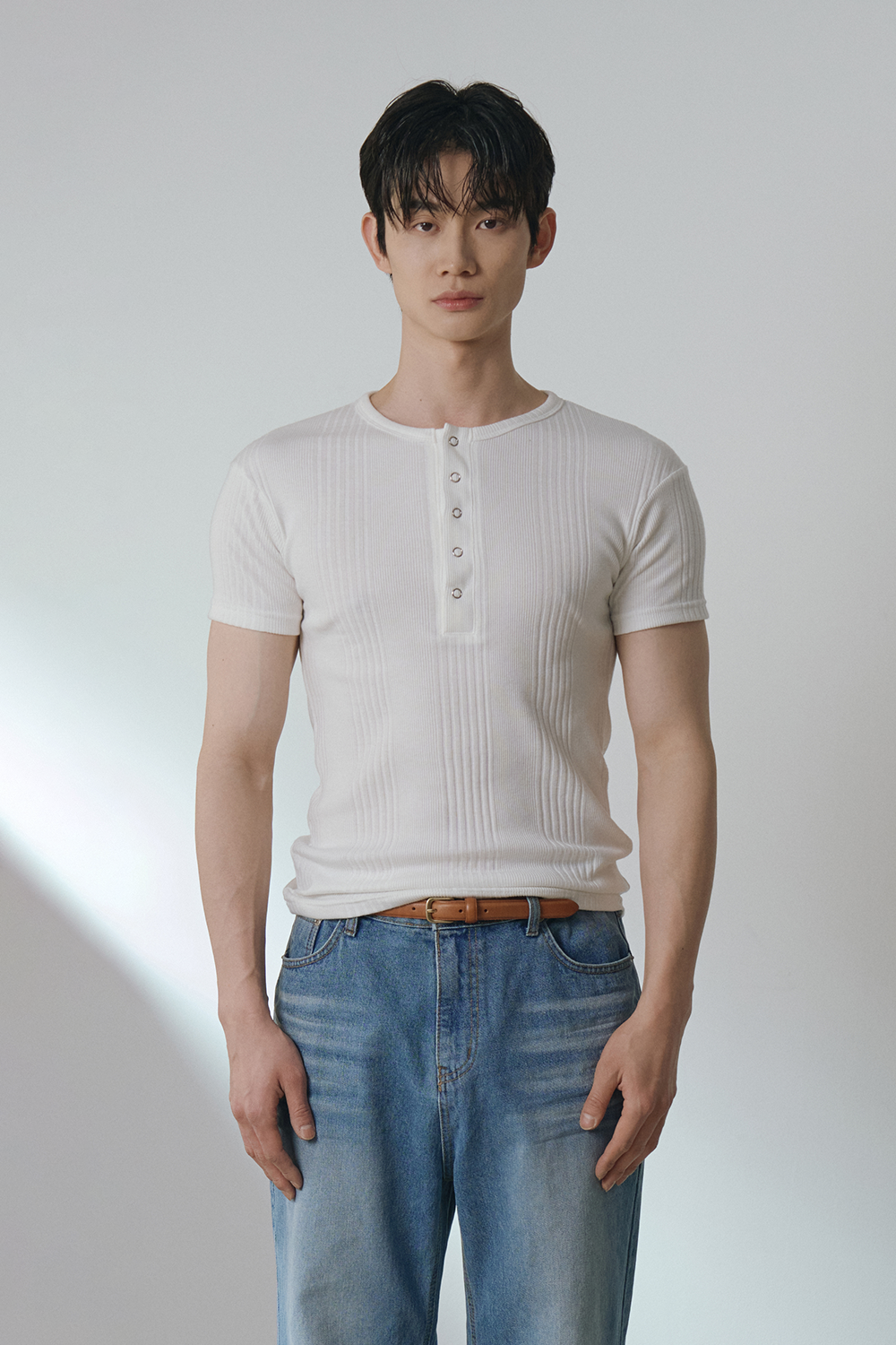 High ribbed henley neck half sleeves(Ivory)