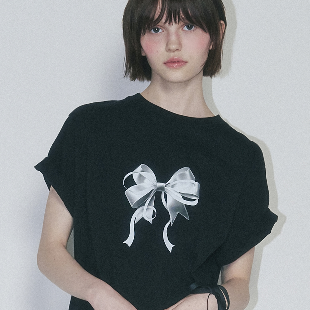 ◆RONRON◆ DOUBLE RIBBON BASIC FIT T SHIRT BLACK PINK RONRON DOUBLE RIBBON BASIC FIT T SHIRT