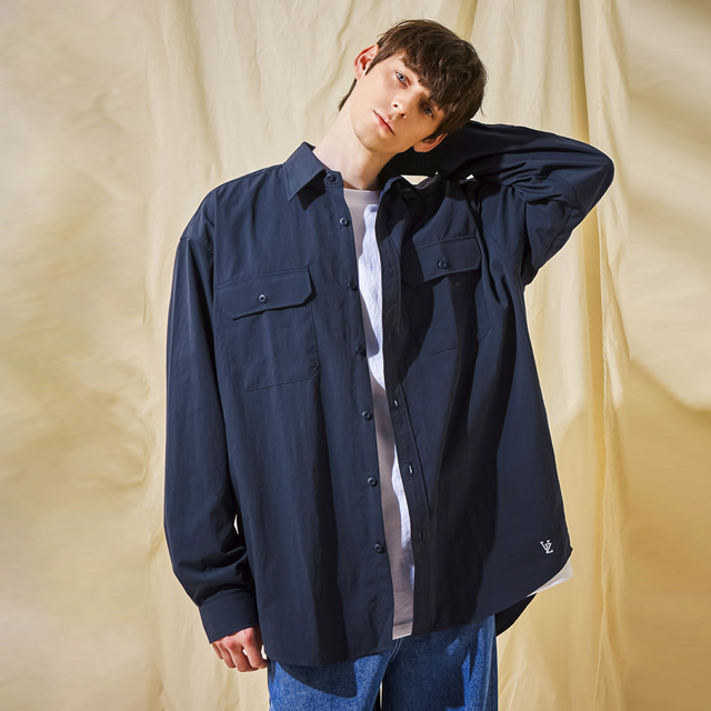 ★関税込★VARZAR★VZ Logo Big Over Fit Nylon Work Shirt★ VARZAR] VZ Logo Big Over Fit Nylon Work Shirt Darkgray