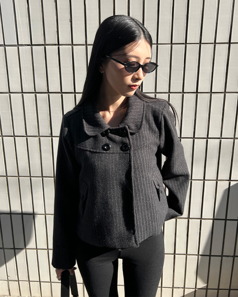 ストライプリボンポケットダブルボタンショートコート