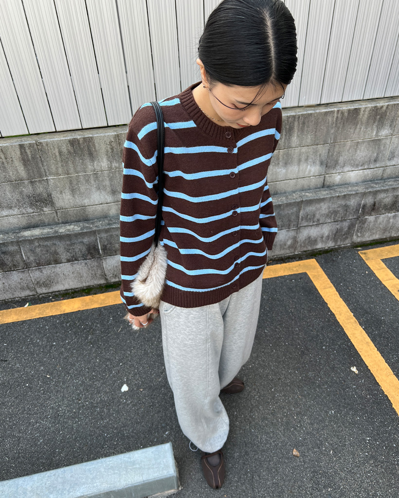 ボーダーラウンドネック長袖カーディガン