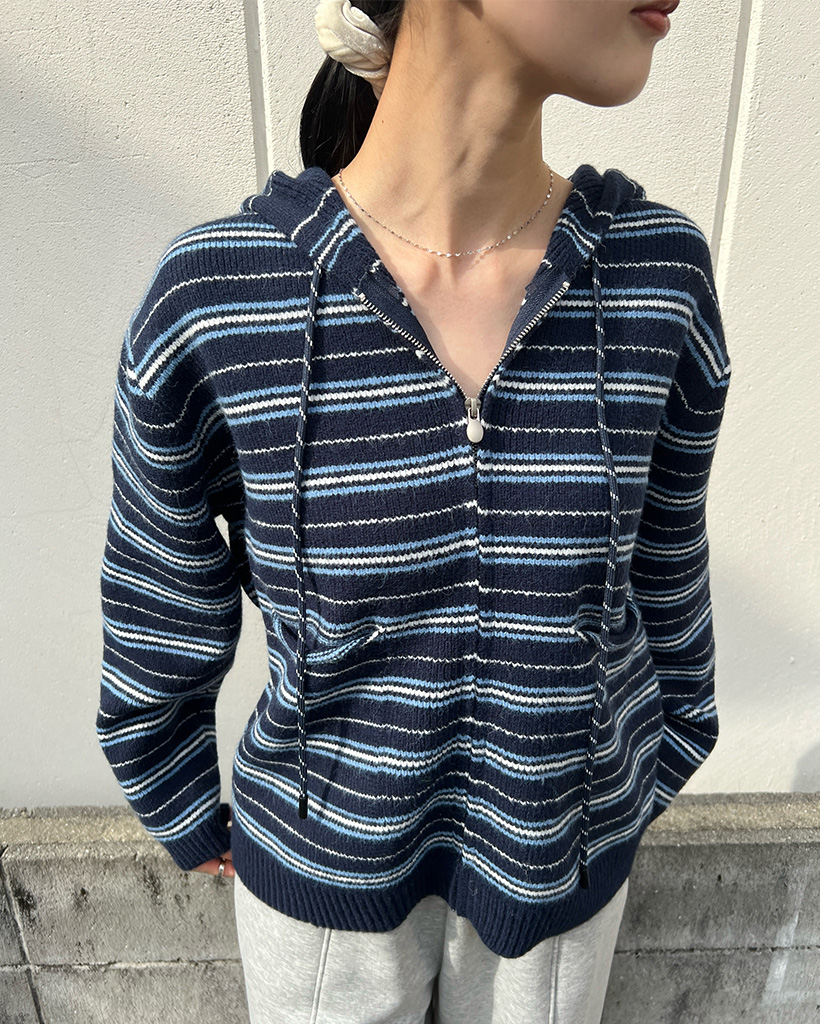 ボーダーニットフードカーディガン