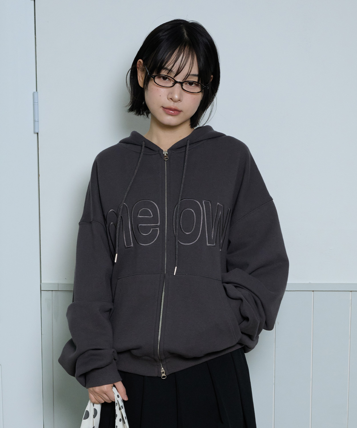 MEOW CAT EAR HOODIE ZIP UP - CHARCOAL