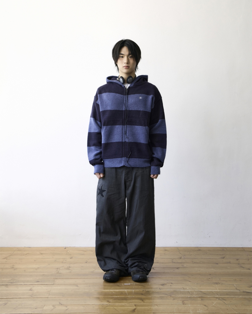 TCM stripe knit hooded zip-up (navy/black) | ファッション通販