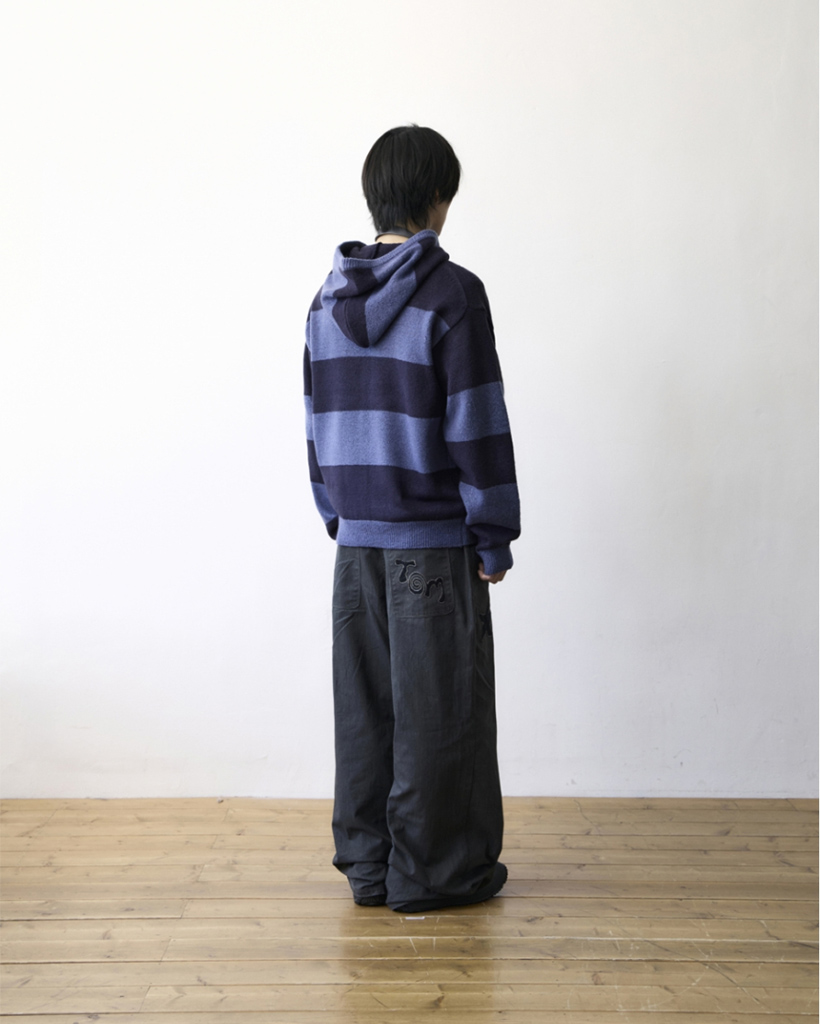 TCM stripe knit hooded zip-up (navy/black) | ファッション通販