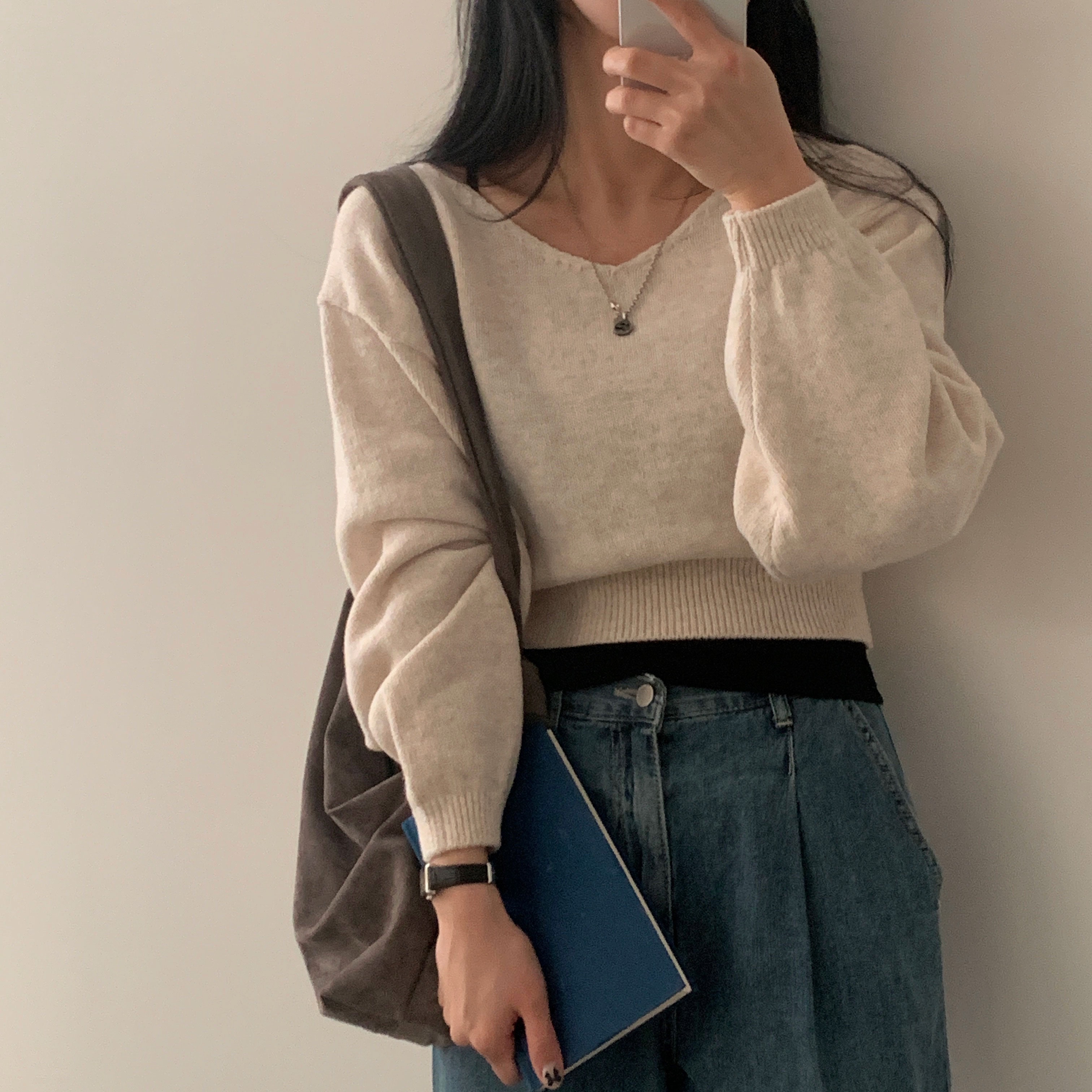 新品未使用MORABITO プレミア　ベージュ 五分袖 クロップドニット COCOMOMO ニット セーター クロップド丈ハーフジップニット レディース