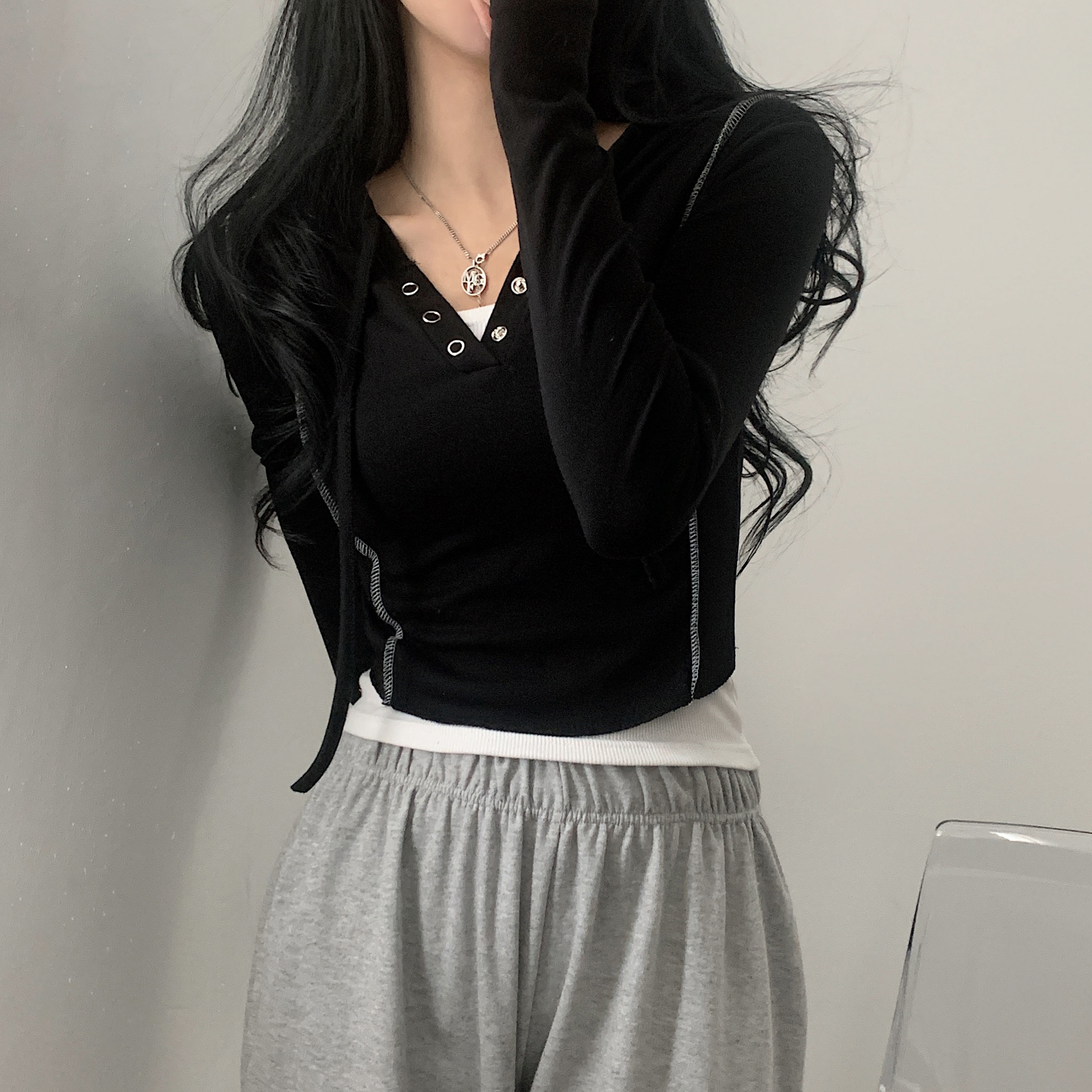 ステッチラインボタンクロップドパーカー-3color