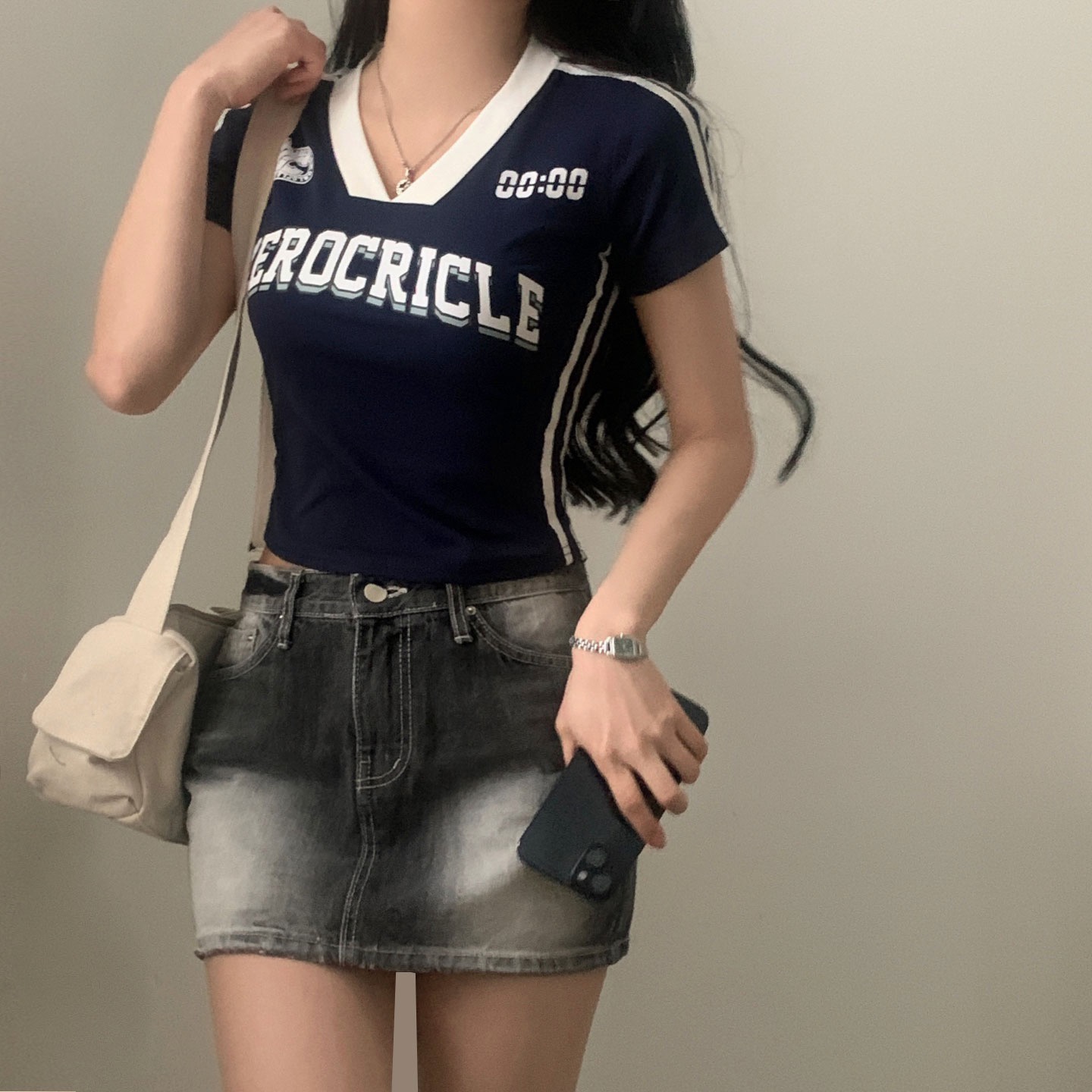 バイカラーレタリングストリートクロップド半袖Tシャツ-6color