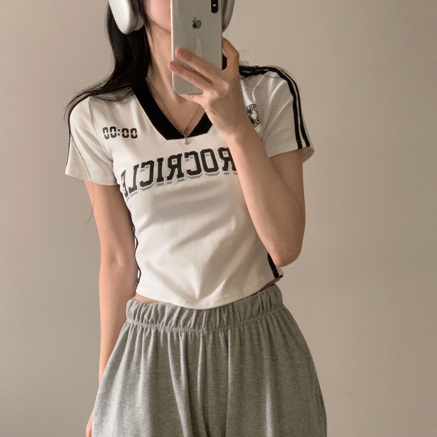 バイカラーレタリングストリートクロップド半袖Tシャツ-6color