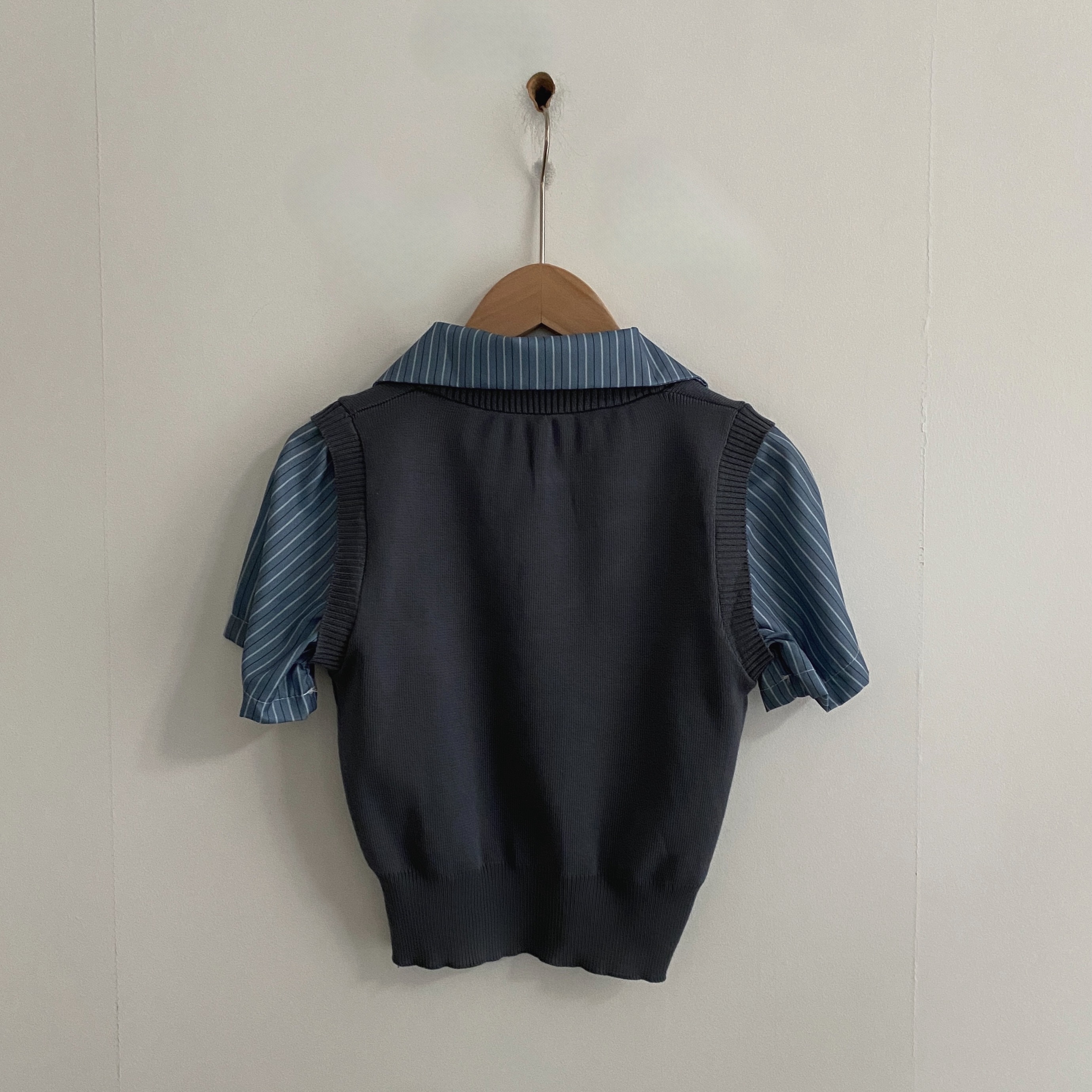 【美品】ESTNATION by Tecler ネイビー半袖シャツ サイズS SET] ストライプ半袖シャツ+ニットベストセット-3color