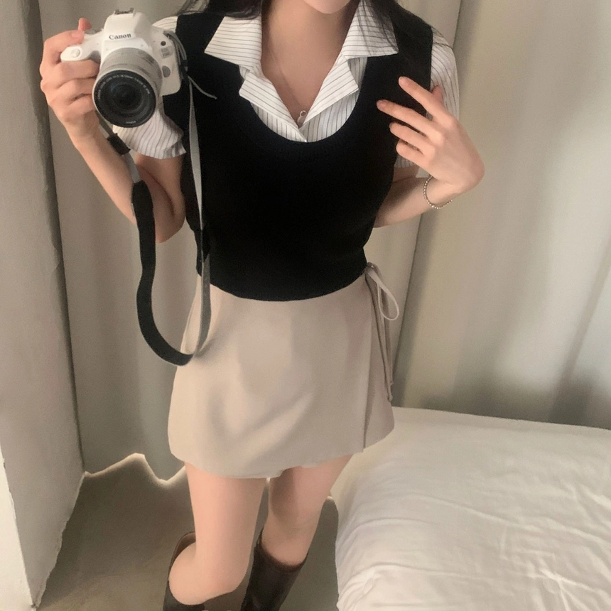 ファーニットベスト+ストライプシャツ