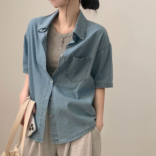 オーバーサイズデニム半袖シャツ-2color | ファッション通販
